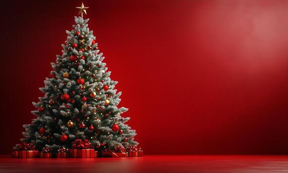 Festive Christmas Tree Adorned With Red Ornaments and Presents Against a Vibrant Red Background. photo