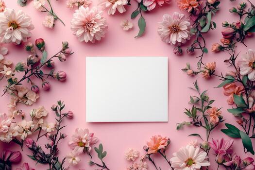 A Beautiful Arrangement of Various Flowers Encircles a Blank Card Resting on a Soft Pink Surface. photo