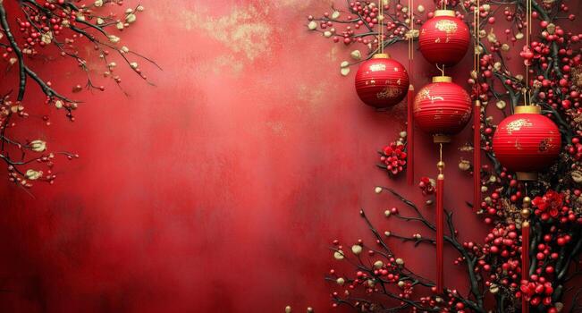 Festive Atmosphere With Decorative Lanterns and Flowering Branches on a Vibrant Red Background photo