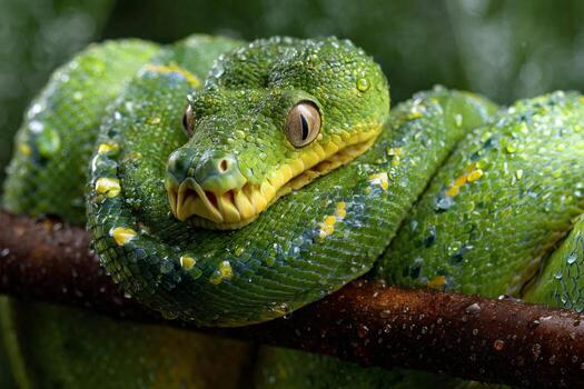 Green tree python resting on a branch after the rain photo