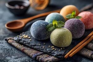 Colorful mochi ice cream balls sitting on dark slate plate with mint photo