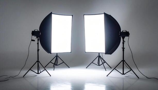 Studio Lighting Setup Two Softboxes on Stands in a Minimalist Grey Space photo