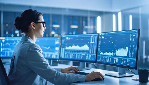 Analyst at workstation reviews interactive dashboards and charts across multiple ultra wide monitors in modern office photo