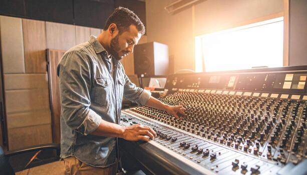 Focused engineer shaping sound at an analog mixing console in a sunlit recording studio photo