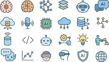 Artificial Intelligence Line Icons Set AI, Neural Network, Machine Learning, Programming, Robotics, Technology art Pack vector