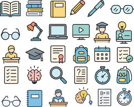 Study Related Icon Set Books, Notebook, Student, Research, Learning Tools, Exam Preparation Editable Colored art Illustration Pack vector