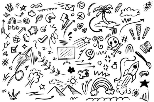 Line arrow icon element set. Hand drawn sketch star, heart marker pen stroke circle, scribble highlight underline elements. vector