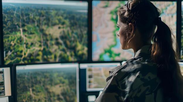 Environmental Scientist Strategizing Conservation Efforts Using GIS Data and Multiple Displays photo