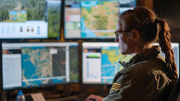 Environmental Scientist Strategizing Conservation Efforts with GIS Data Visualization on Multiple Screens photo