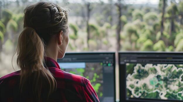 Environmental Scientist Strategizing Conservation Efforts with GIS Mapping on Multiple Screens photo