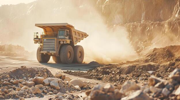 Autonomous Dump Trucks and Loaders Working in Quarry Under Summer Sun photo