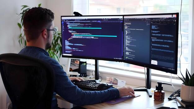 Dual Monitors Showcasing Software Development Workflow with Successful Execution photo
