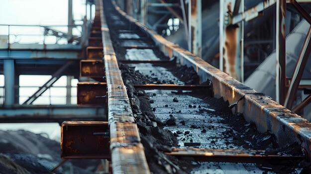 Massive Conveyor Belt System Transporting Coal from Mine to Processing Facility with Gritty Industrial Details photo