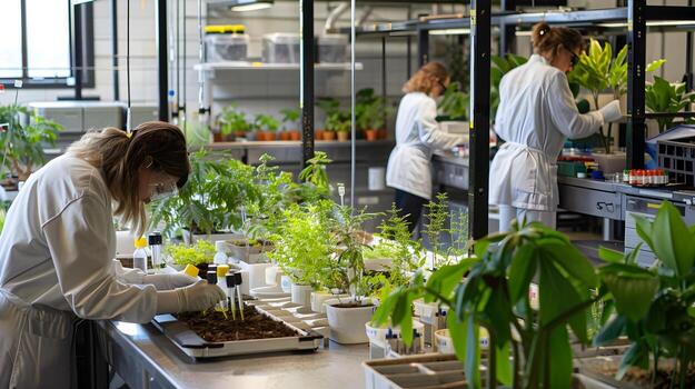 Environmental Science Lab with Researchers Analyzing Soil and Water Samples Surrounded by Greenery and Eco-Tech photo