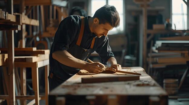 Skilled Carpenter Crafting Furniture from Raw Wood - Detailed Steps and Techniques Showcased in Woodworking Workshop photo