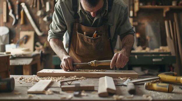 Skilled Carpenter Crafting Unique Furniture from Raw Wood with Traditional Woodworking Tools and Techniques in Workshop photo