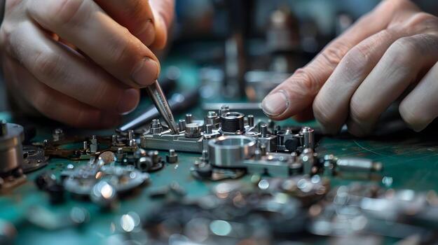 Meticulously Assembling a Complex Mechanical Device with Precision Tools and Intricate Components photo