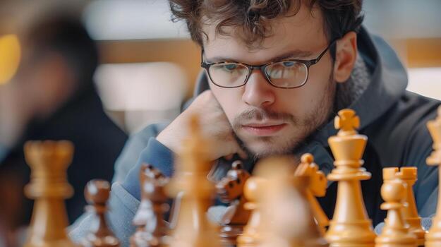 Chess Master Contemplating Crucial Move in Championship Match with Intense Focus and Strategy photo