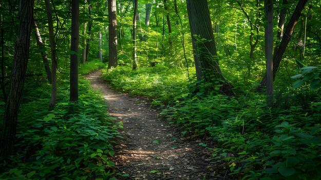 Winding Trail Through Lush Green Forest Inviting Adventure and Tranquility photo