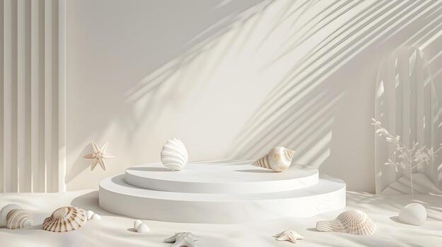 Minimalist White Podium with 3D Summer Motifs and Seashells Scattered Around for Elegant Cosmetic Display photo