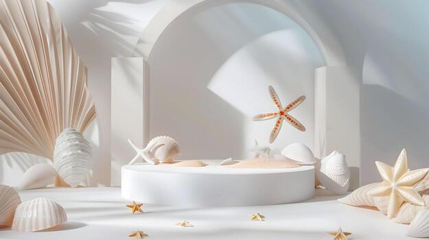 Minimalist White Podium with 3D Summer Motifs for Elegant Cosmetic Display photo