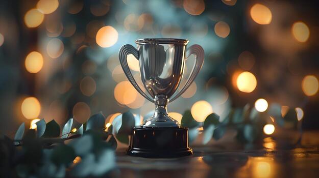 Gleaming Silver Trophy Against Glowing Bokeh Backdrop,Symbolizing Prestige and Accolades photo