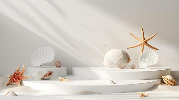 Minimalist White Podium with 3D Summer Motifs and Scattered Seashells and Starfish,Elegant Display for Summer Cosmetics photo