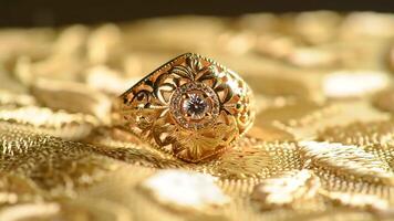 vicino su di un' oro squillare con un' diamante su un' oro strutturato superficie nel un' morbido leggero ambientazione video