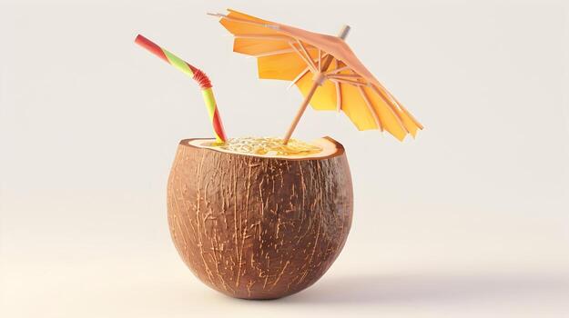 Vivid 3D Render of Tropical Cocktail in Coconut Shell with Mini Umbrella and Straw - Summer Party Essential photo