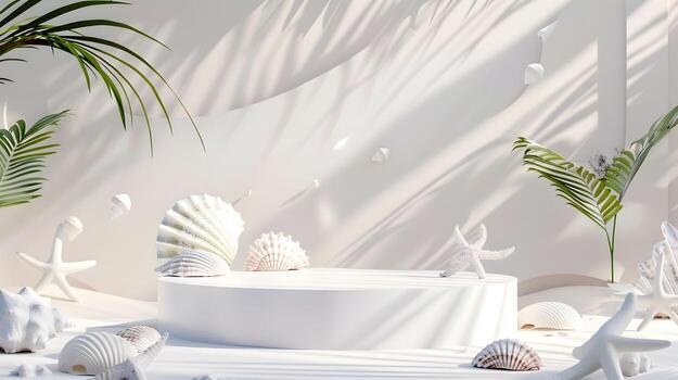 Elegant Summer Beachside Podium Display with 3D Seashells and Starfish photo