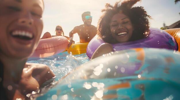 Joyful Friends Splashing in Sunlit Pool with Vibrant Floats and Drinks,Embodying the Essence of Summer Fun photo