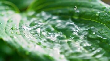 vicino su di un' verde foglia con acqua goccioline e increspature la creazione di un' naturale astratto modello video