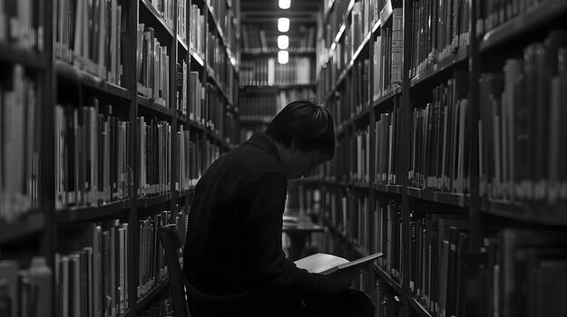 Serene Library Solace - Rows of Books and Contemplative Browsing photo