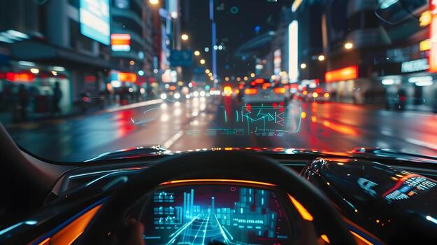 Autonomous Vehicle Navigating Illuminated Urban Landscape with Interactive Digital Dashboard photo