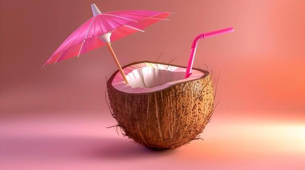 Vivid 3D Render of Tropical Cocktail Icon in Coconut Shell with Mini Umbrella and Straw,Summer Party Essential photo