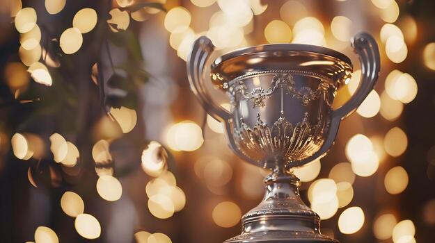 Magnificent Silver Trophy Shining Amidst a Dazzling Halo of Bokeh Lights,Symbolizing Prestigious Achievement photo