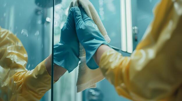 Diligent Hands Meticulously Wiping Mirror to Pristine Shine in Bathroom Maintenance Routine photo