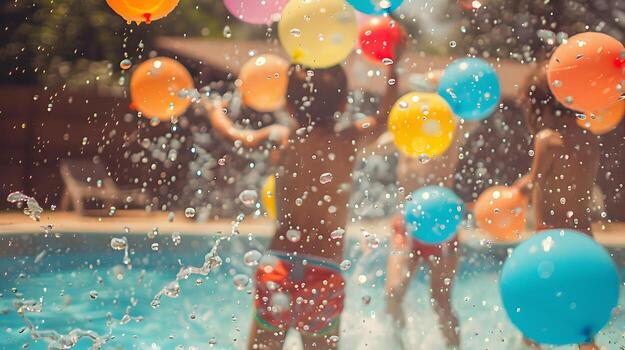 Dynamic Water Balloon Fight at Vibrant Summer Pool Party with Frozen Droplets and Bright Colors photo