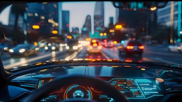 Autonomous Self-Driving Vehicle Navigating Busy Urban Street with Interactive Displays and Lighting at Night photo