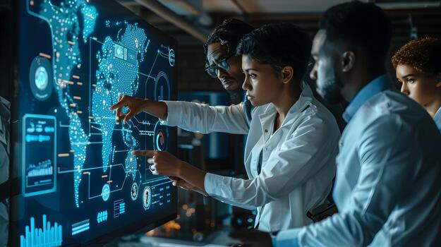 Diverse Corporate Team Strategizing Over Digital Data Analytics Dashboard photo
