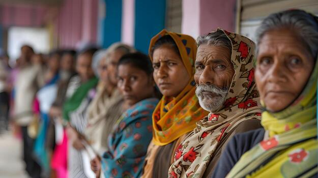 Diverse citizens lining up to cast their votes at a vibrant polling station,a of democracy in action photo