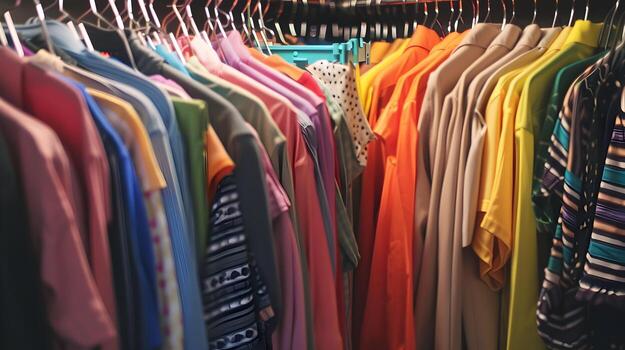 Organized Closet Displaying Neatly Arranged Clothes and Accessories by Color and Type photo