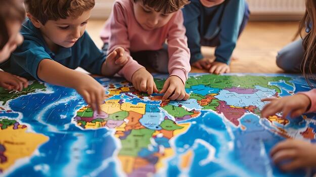 Children Assembling World Map Puzzle,Symbolizing Learning and Global Awareness photo