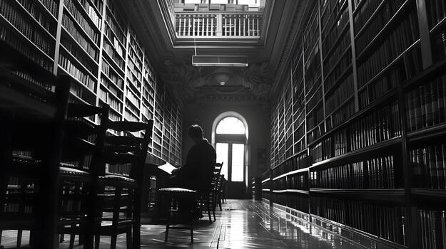 Serene Library Sanctuary Rows of Books,Contemplative Browsing photo
