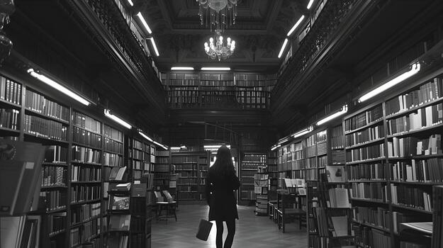 Serene Library Scene with Rows of Books and a Solitary Reader Immersed in the Quiet Contemplation of Knowledge and Wisdom photo