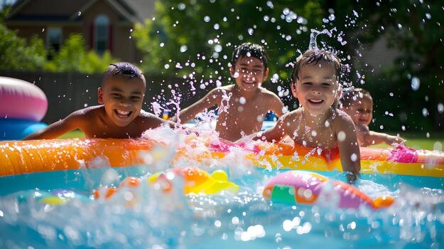 Joyful Children Splashing and Playing in Vibrant Kiddie Pool on Sunny Summer Day photo