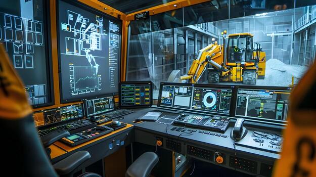 Technologically Advanced Control Room Monitoring Autonomous Construction Machinery Through High-Tech Screens and Interfaces photo