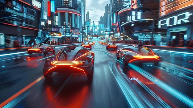 autónomo carros navegando inteligente de la ciudad tecnología distrito con avanzado sensores y alimentado por ai movilidad foto