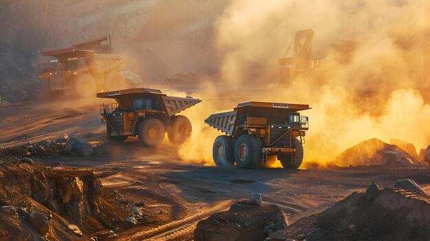 Autonomous Dump Trucks and Loaders Toiling in Sunlit Quarry Amid Swirling Dust photo