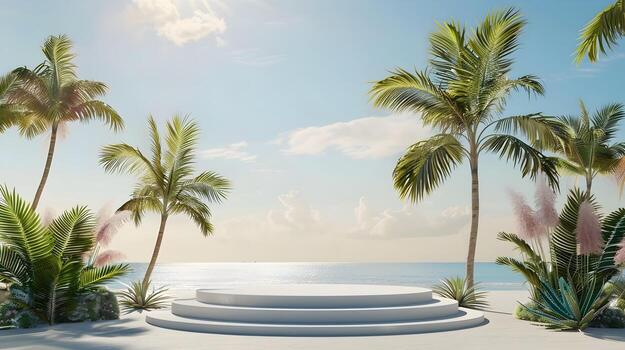 Luxurious 3D Rendered Summer Podium on Picturesque Beach with Palm Trees and Ocean Backdrop,Ideal for Displaying Holiday Products photo